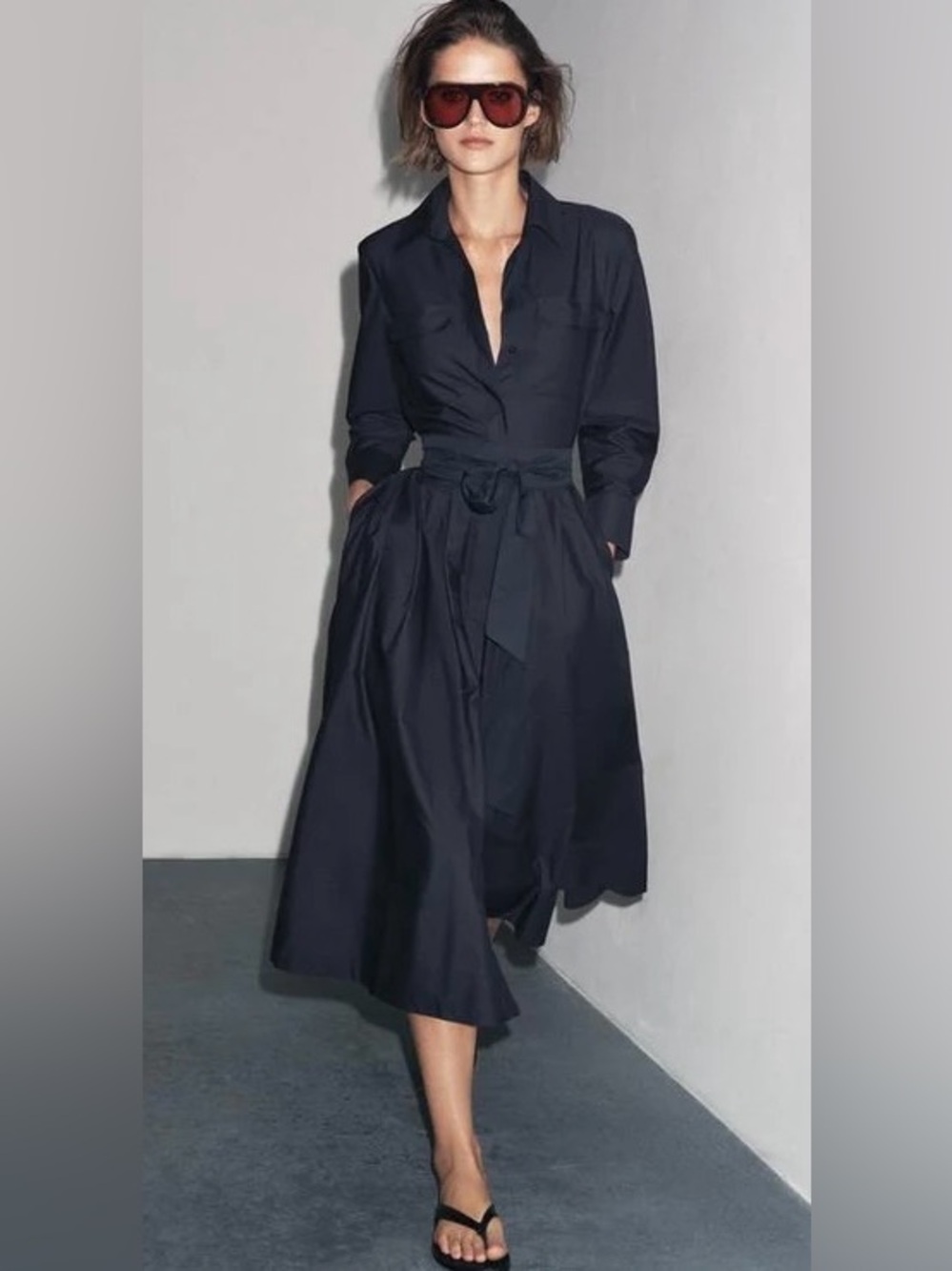Zara Cotton Poplin Navy Shirt Dress Long Sleeves Turn-Down Collar Pockets Small
